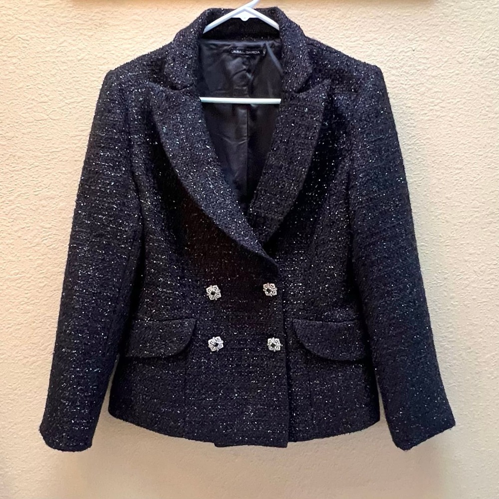 CAbi Black Sparkle Tweed Double-Breasted Blazer
